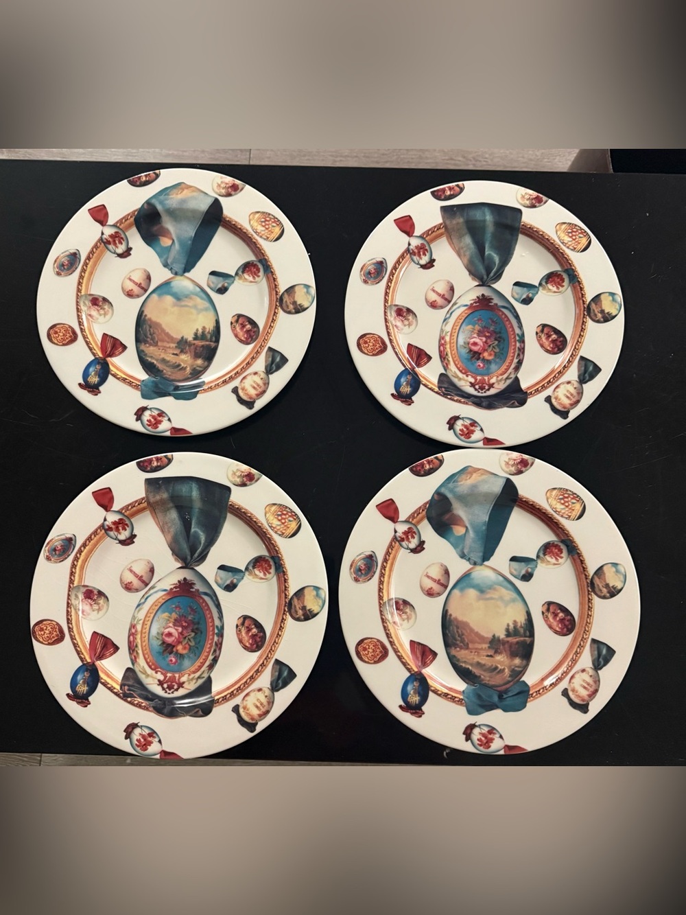 ITALIAN CERAMICS COMPANY ~UOVS~FABREGE EGGS DINNER PLATES 4PC SET MINT 11IN
